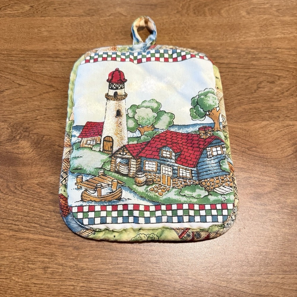 Vintage Lighthouse Pot Holder House Gingham Country Cottage Kitchen 80s